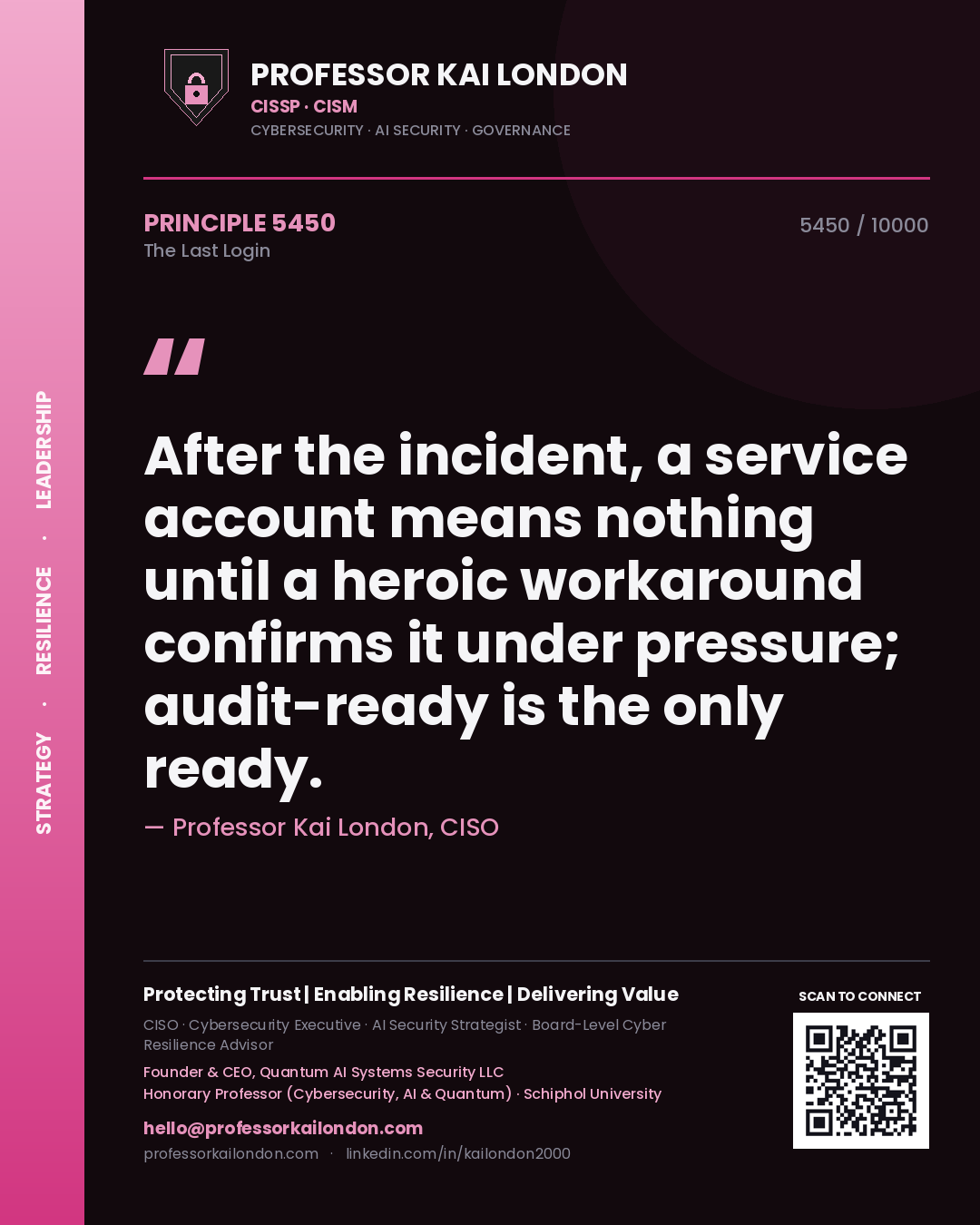 Professor Kai London principle 5450: After the incident, a service account means nothing until a heroic workaround confirms it under pressure; audit-ready is the only ready.