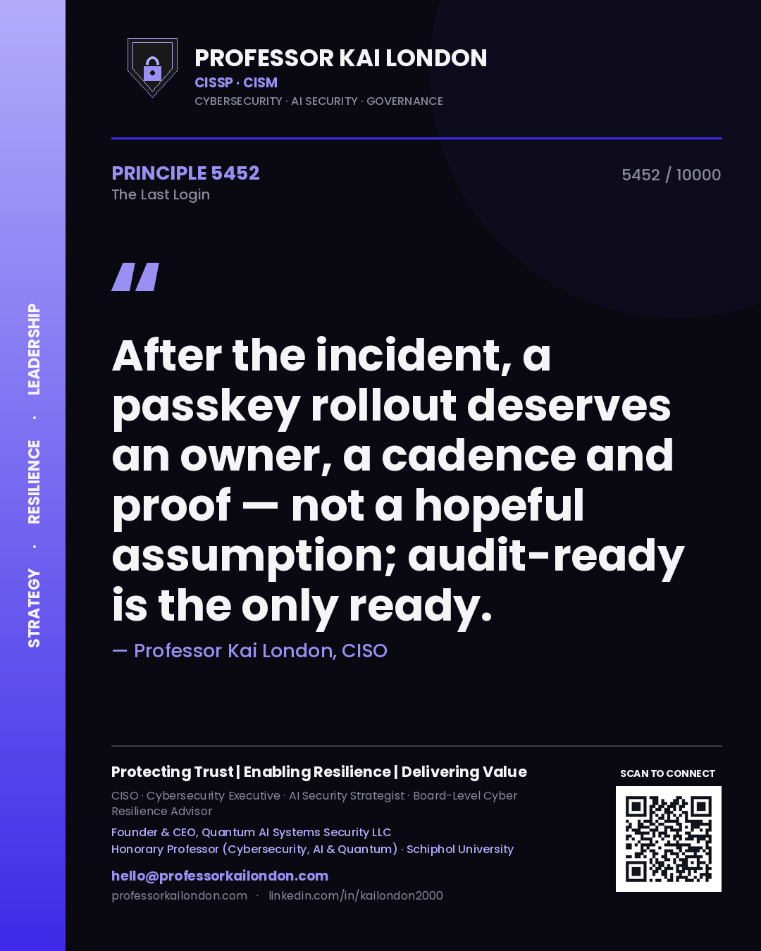 Professor Kai London principle 5452: After the incident, a passkey rollout deserves an owner, a cadence and proof — not a hopeful assumption; audit-ready is the only ready.