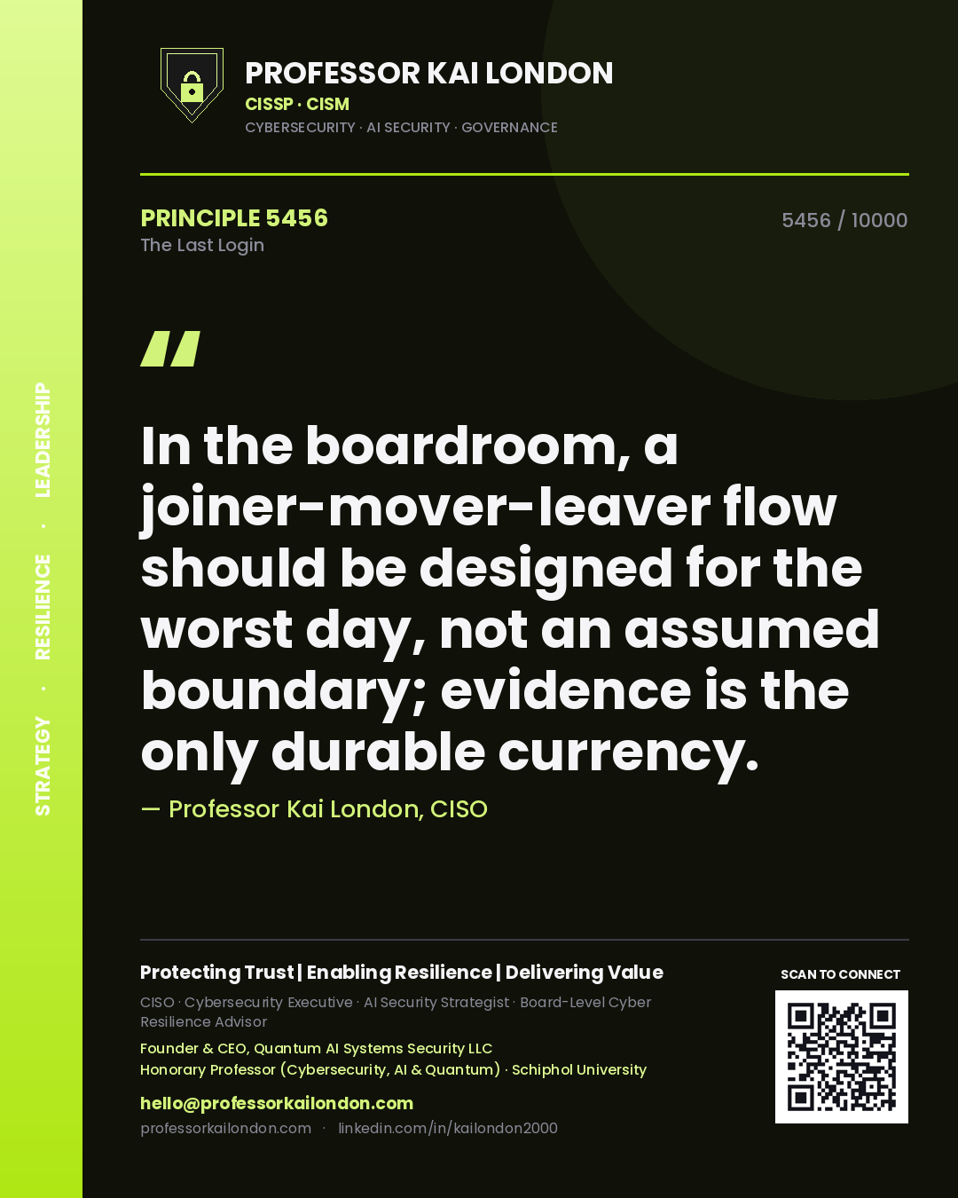 Professor Kai London principle 5456: In the boardroom, a joiner-mover-leaver flow should be designed for the worst day, not an assumed boundary; evidence is the only durable currency.