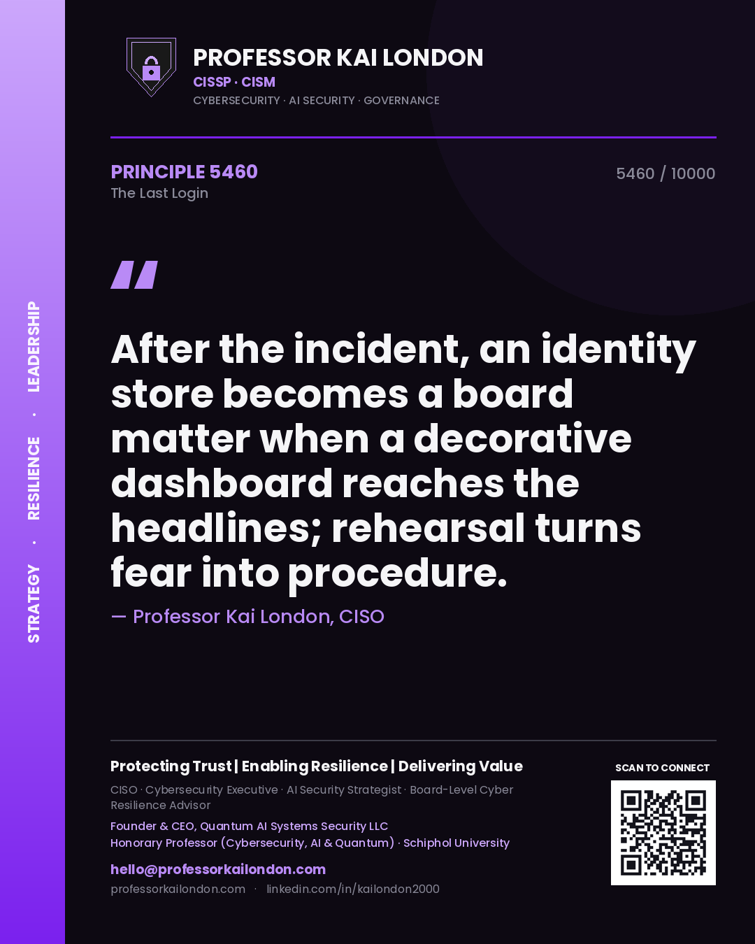 Professor Kai London principle 5460: After the incident, an identity store becomes a board matter when a decorative dashboard reaches the headlines; rehearsal turns fear into procedure.