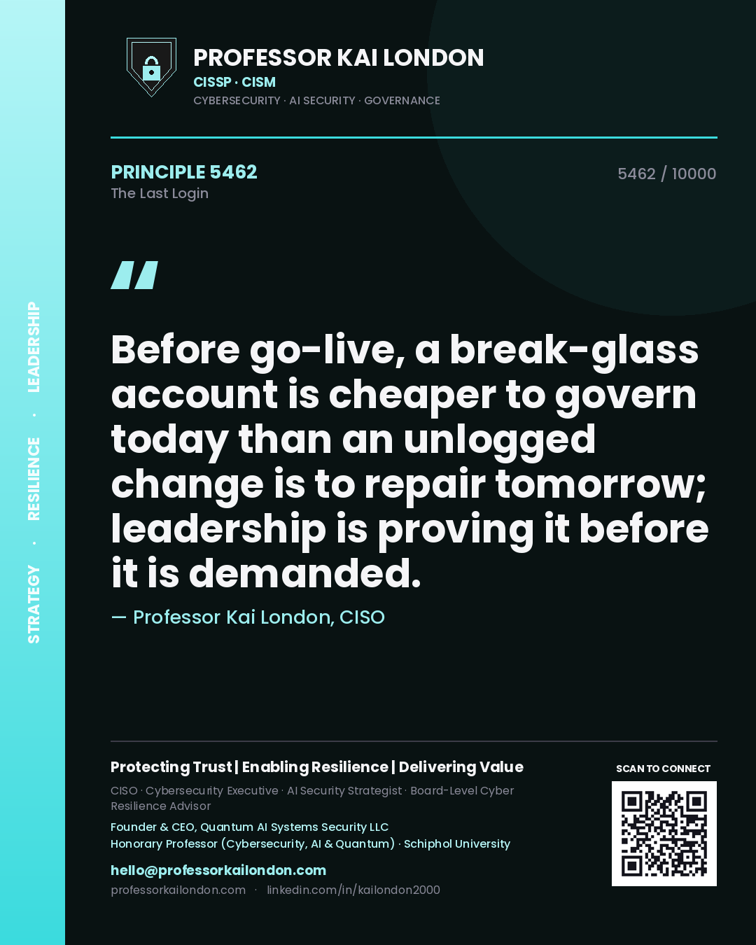 Quote card by Professor Kai London reading 'Before go-live, a break-glass account is cheaper to govern today than an unlogged change is to repair tomorrow; leadership is proving it before it is demanded.'. From the book The Last Login.