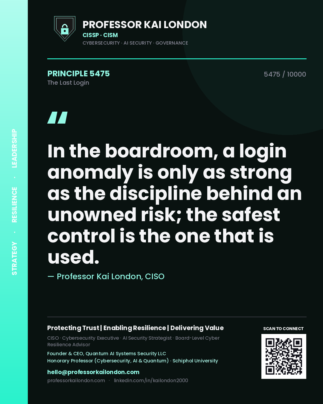 Professor Kai London principle 5475: In the boardroom, a login anomaly is only as strong as the discipline behind an unowned risk; the safest control is the one that is used.