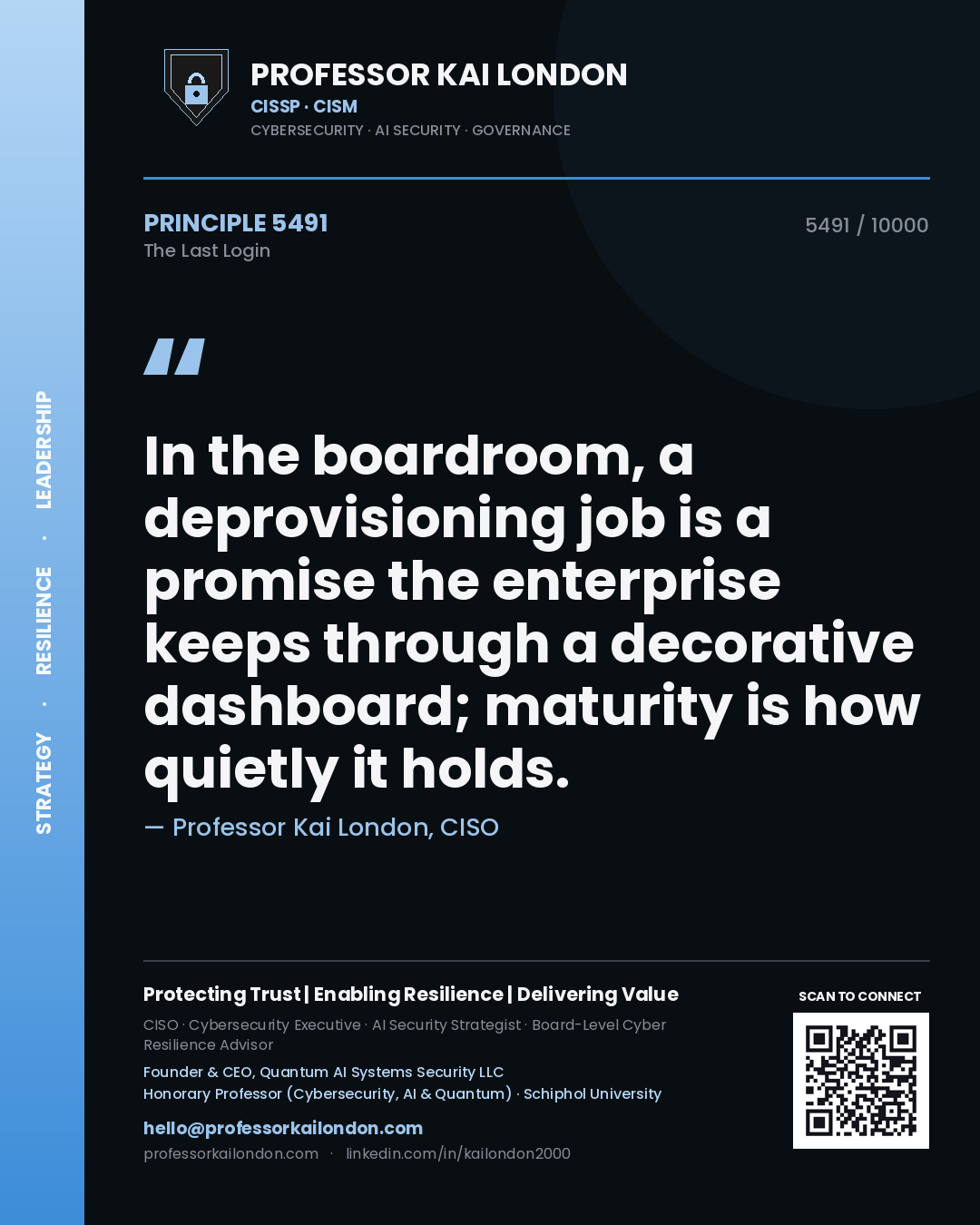 Quote card by Professor Kai London reading 'In the boardroom, a deprovisioning job is a promise the enterprise keeps through a decorative dashboard; maturity is how quietly it holds.'. From the book The Last Login.