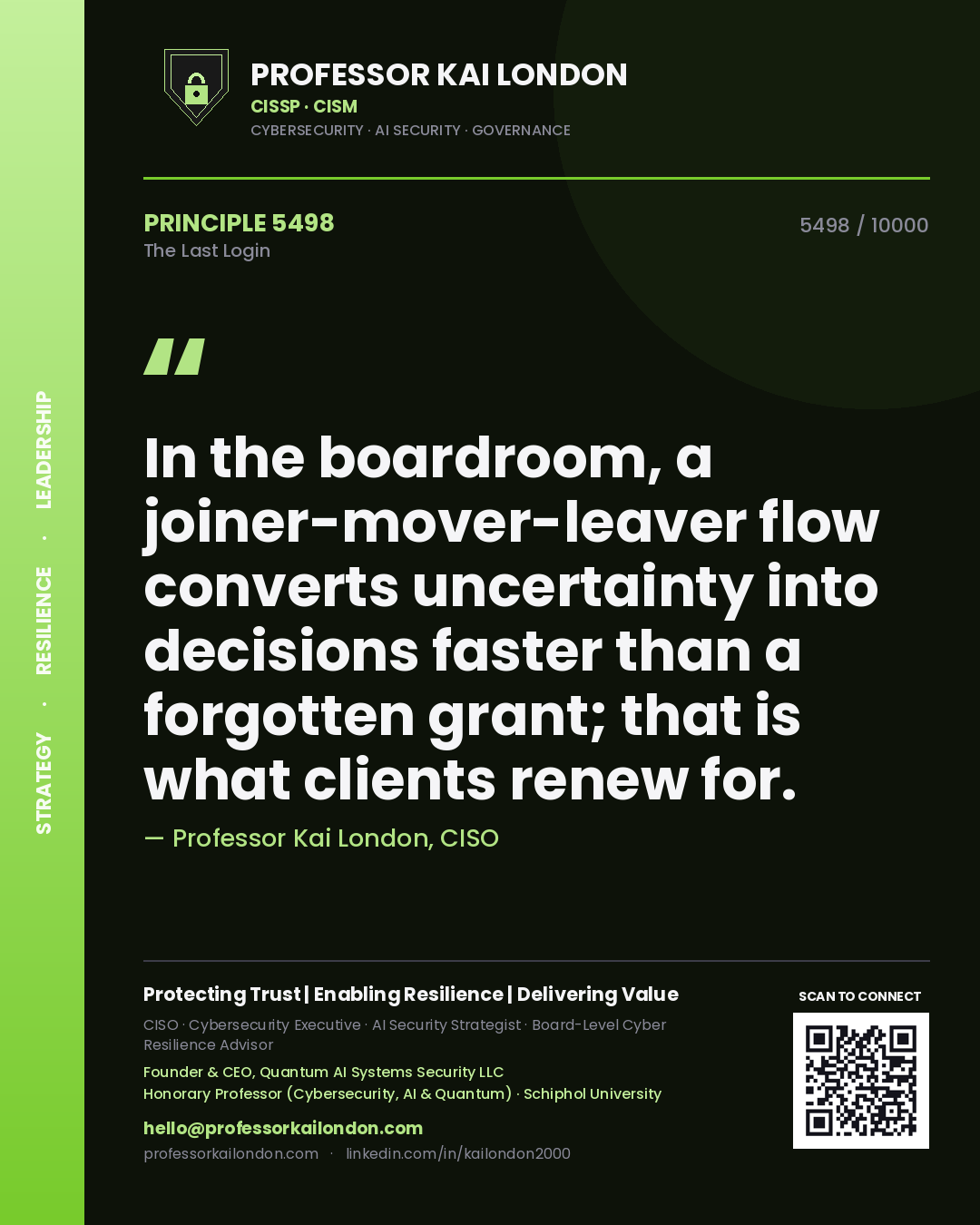 Quote card by Professor Kai London reading 'In the boardroom, a joiner-mover-leaver flow converts uncertainty into decisions faster than a forgotten grant; that is what clients renew for.'. From the book The Last Login.