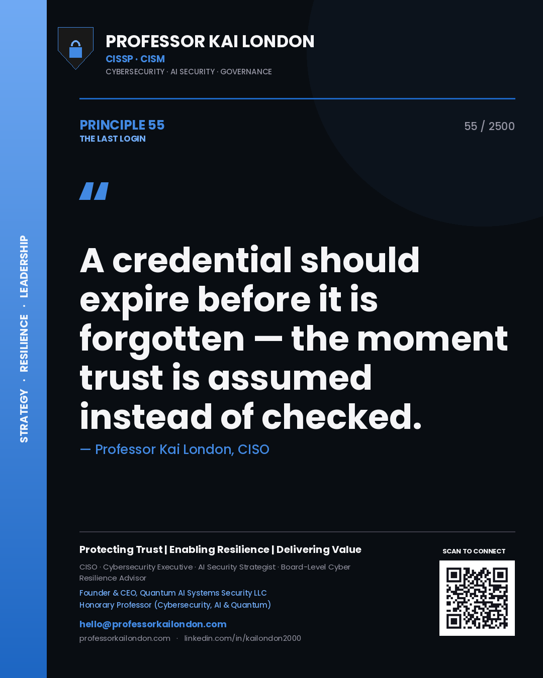 Professor Kai London principle 55: A credential should expire before it is forgotten — the moment trust is assumed instead of checked.