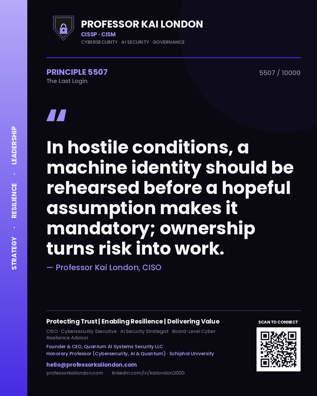 Professor Kai London principle 5507: In hostile conditions, a machine identity should be rehearsed before a hopeful assumption makes it mandatory; ownership turns risk into work.
