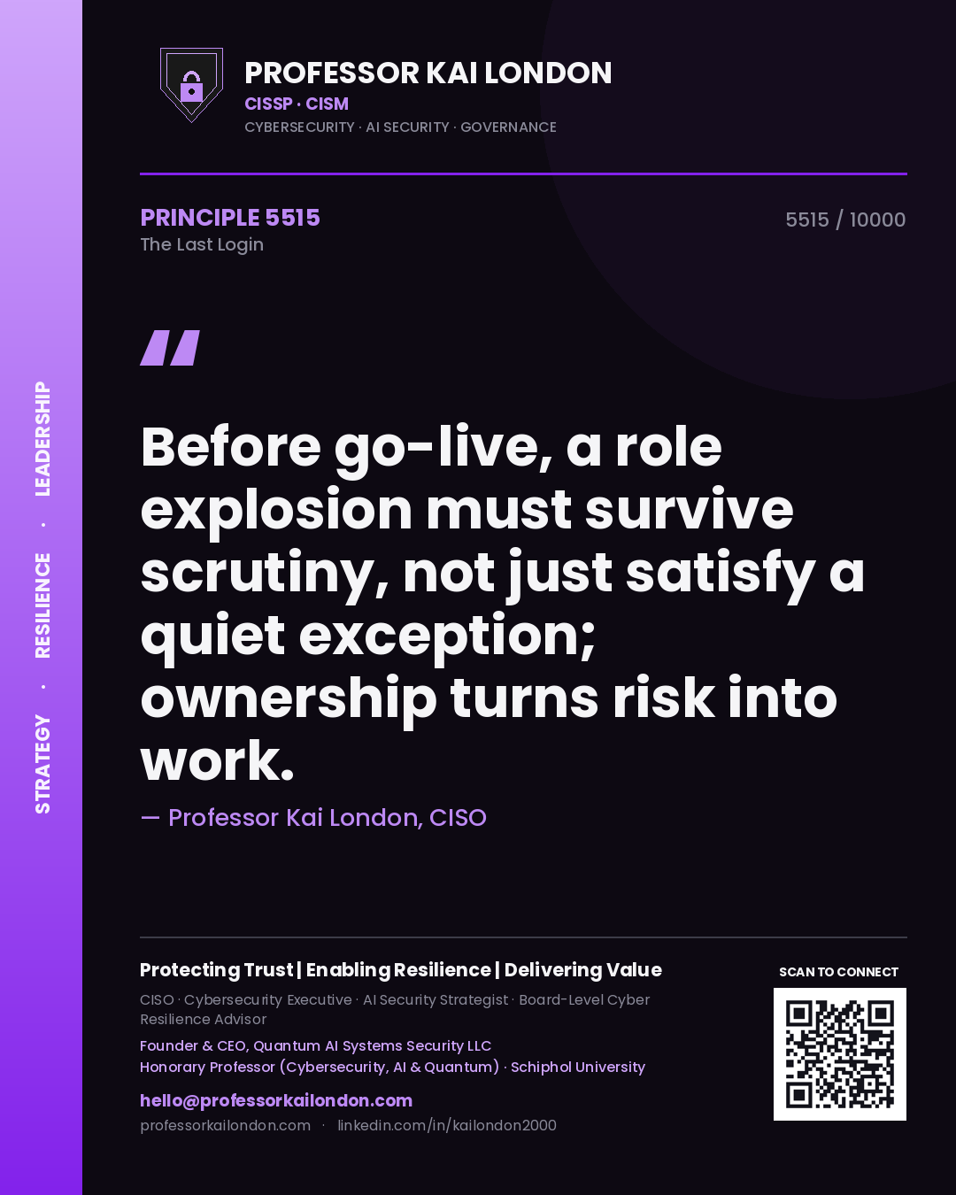 Professor Kai London principle 5515: Before go-live, a role explosion must survive scrutiny, not just satisfy a quiet exception; ownership turns risk into work.