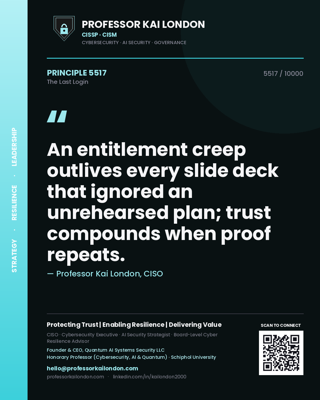 Quote card by Professor Kai London reading 'An entitlement creep outlives every slide deck that ignored an unrehearsed plan; trust compounds when proof repeats.'. From the book The Last Login.