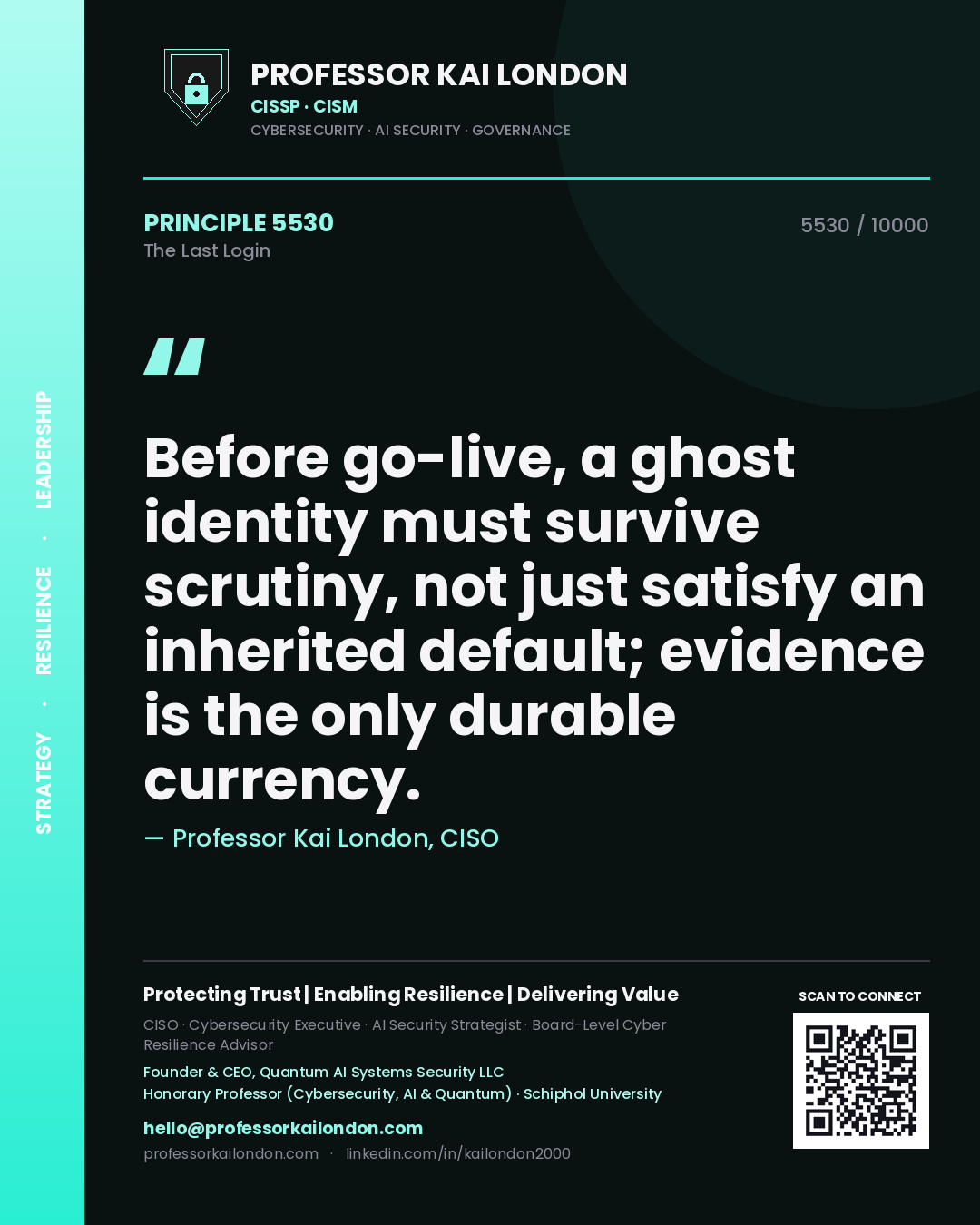 Quote card by Professor Kai London reading 'Before go-live, a ghost identity must survive scrutiny, not just satisfy an inherited default; evidence is the only durable currency.'. From the book The Last Login.