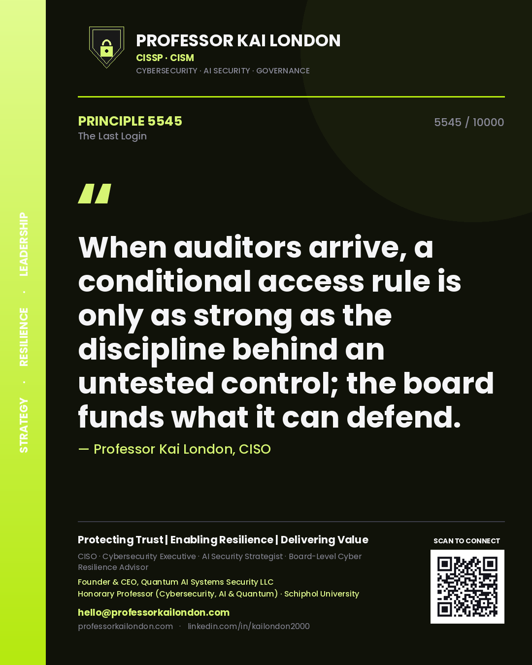 Quote card by Professor Kai London reading 'When auditors arrive, a conditional access rule is only as strong as the discipline behind an untested control; the board funds what it can defend.'. From the book The Last Login.