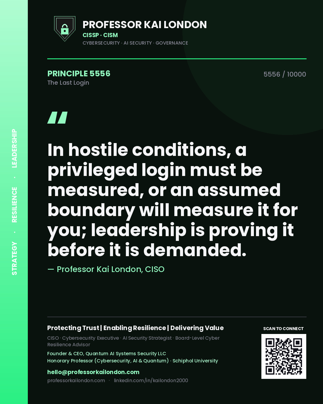 Professor Kai London principle 5556: In hostile conditions, a privileged login must be measured, or an assumed boundary will measure it for you; leadership is proving it before it is demanded.