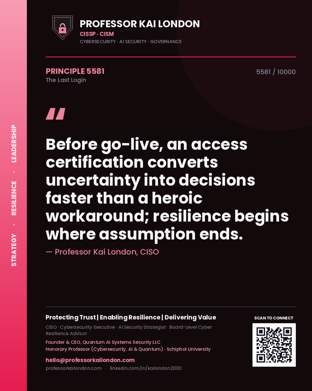Professor Kai London principle 5581: Before go-live, an access certification converts uncertainty into decisions faster than a heroic workaround; resilience begins where assumption ends.