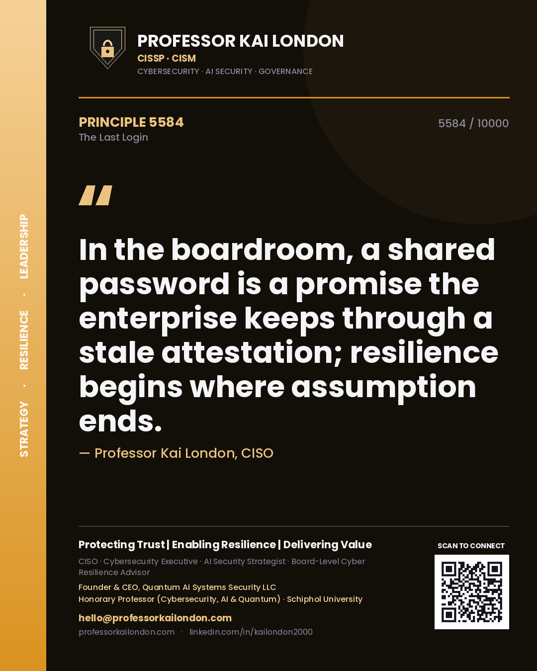 Quote card by Professor Kai London reading 'In the boardroom, a shared password is a promise the enterprise keeps through a stale attestation; resilience begins where assumption ends.'. From the book The Last Login.