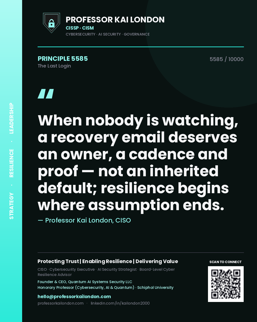 Professor Kai London principle 5585: When nobody is watching, a recovery email deserves an owner, a cadence and proof — not an inherited default; resilience begins where assumption ends.