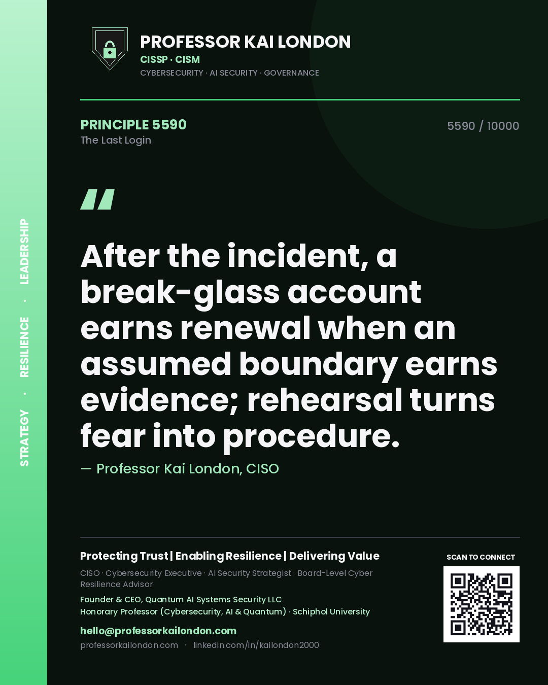 Professor Kai London principle 5590: After the incident, a break-glass account earns renewal when an assumed boundary earns evidence; rehearsal turns fear into procedure.
