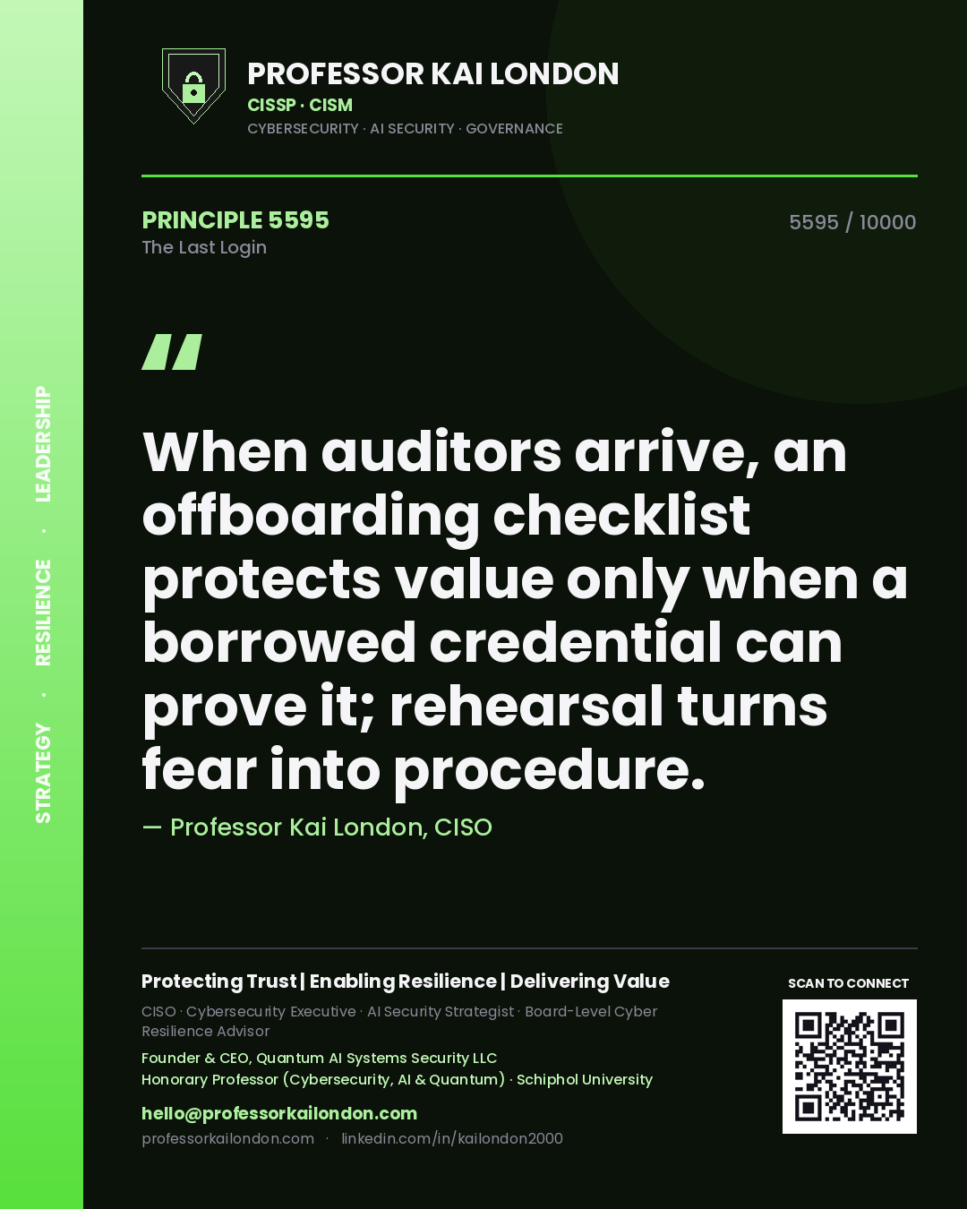 Professor Kai London principle 5595: When auditors arrive, an offboarding checklist protects value only when a borrowed credential can prove it; rehearsal turns fear into procedure.