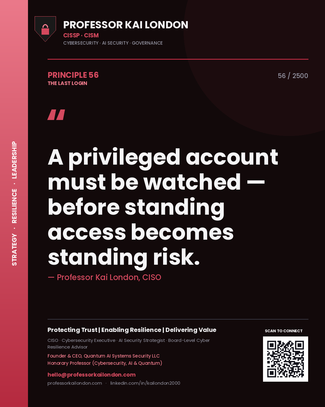 Quote card by Professor Kai London reading 'A privileged account must be watched — before standing access becomes standing risk.'. From the book The Last Login.