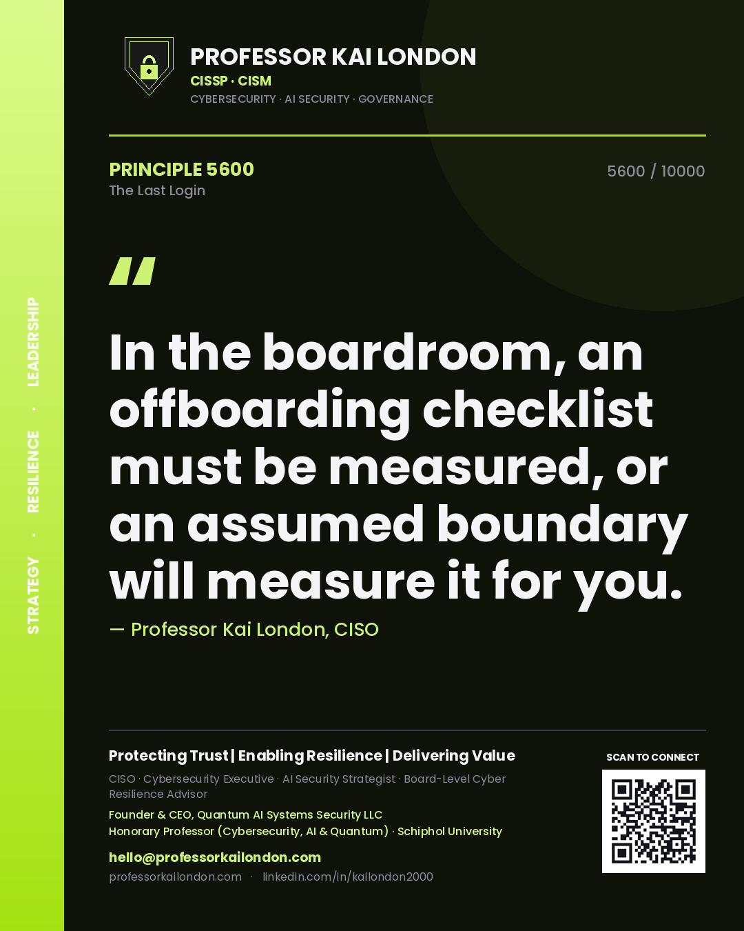 Quote card by Professor Kai London reading 'In the boardroom, an offboarding checklist must be measured, or an assumed boundary will measure it for you.'. From the book The Last Login.