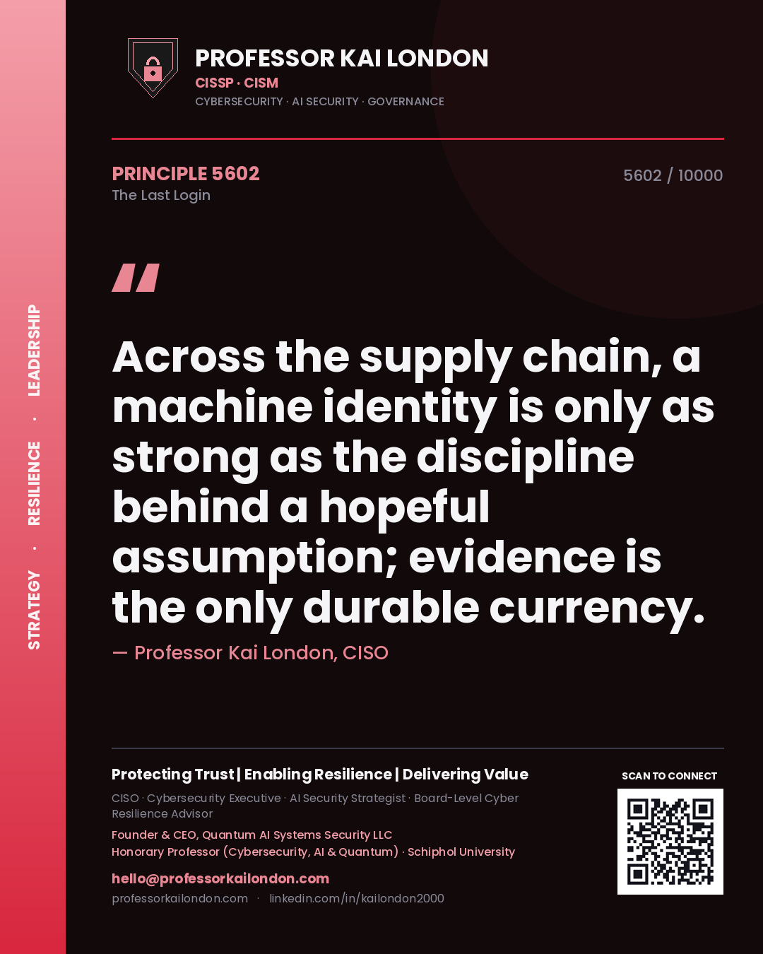 Quote card by Professor Kai London reading 'Across the supply chain, a machine identity is only as strong as the discipline behind a hopeful assumption; evidence is the only durable currency.'. From the book The Last Login.