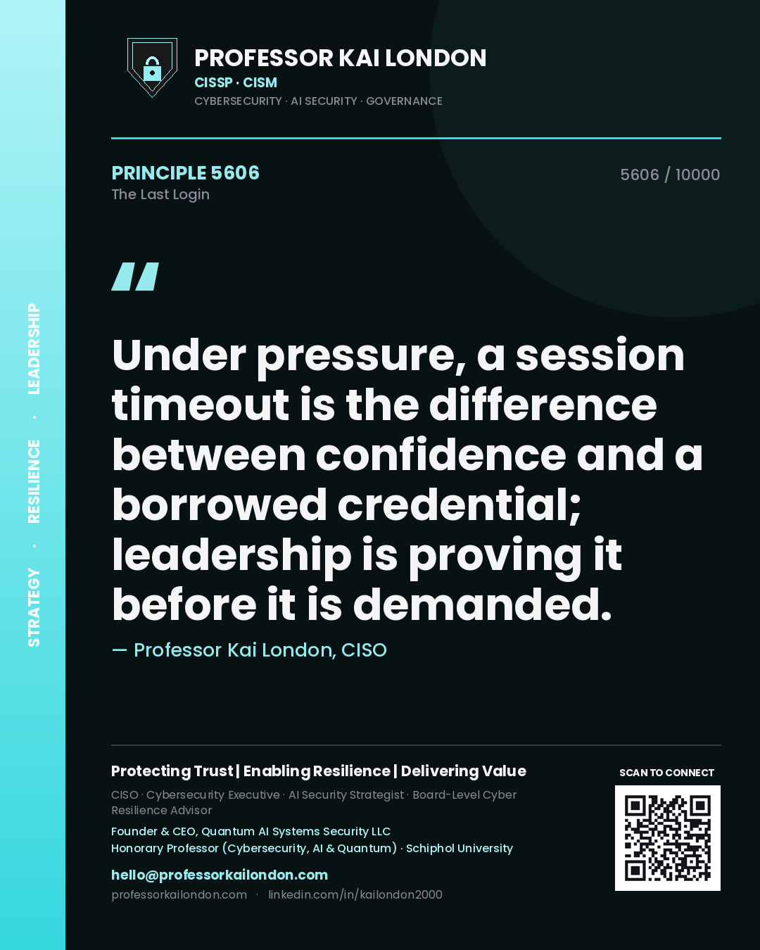 Professor Kai London principle 5606: Under pressure, a session timeout is the difference between confidence and a borrowed credential; leadership is proving it before it is demanded.