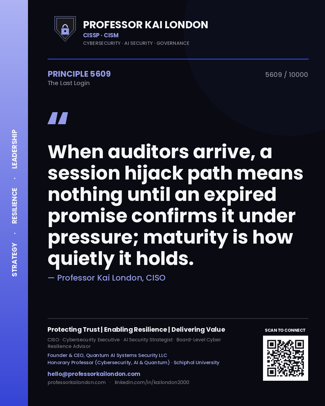 Professor Kai London principle 5609: When auditors arrive, a session hijack path means nothing until an expired promise confirms it under pressure; maturity is how quietly it holds.