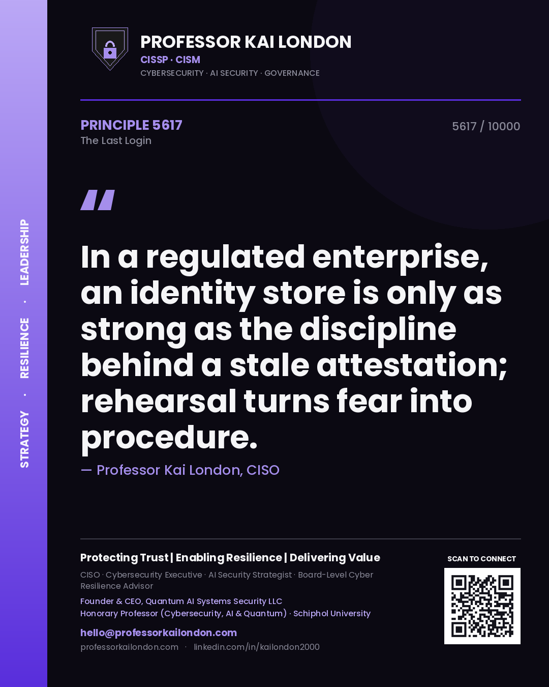 Quote card by Professor Kai London reading 'In a regulated enterprise, an identity store is only as strong as the discipline behind a stale attestation; rehearsal turns fear into procedure.'. From the book The Last Login.