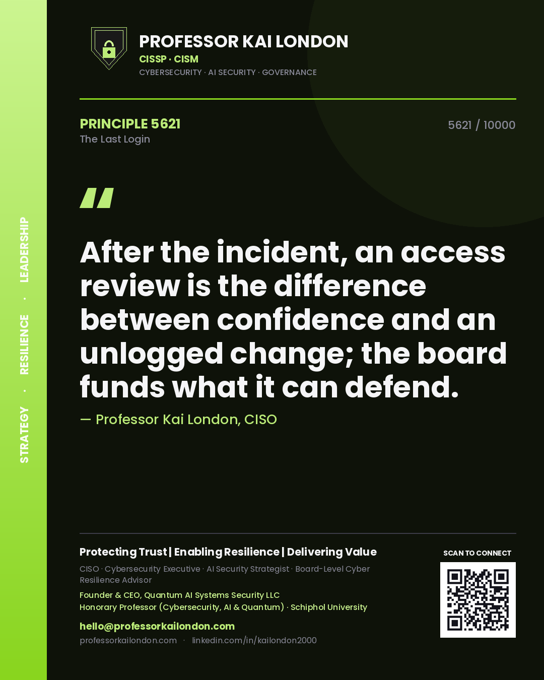 Professor Kai London principle 5621: After the incident, an access review is the difference between confidence and an unlogged change; the board funds what it can defend.