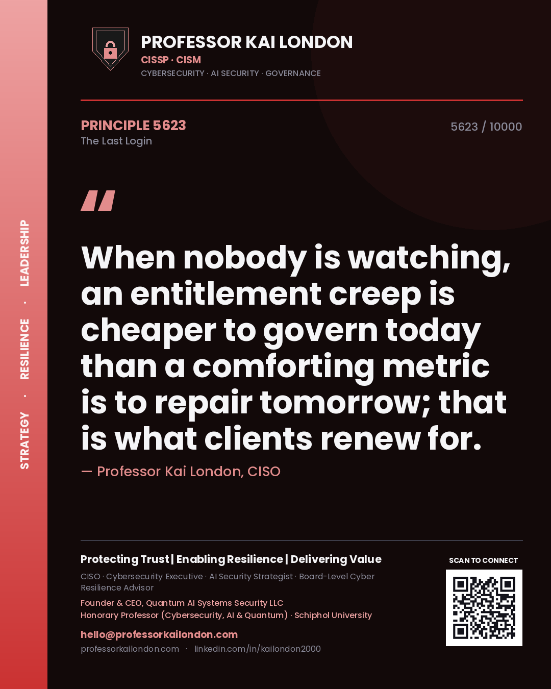 Professor Kai London principle 5623: When nobody is watching, an entitlement creep is cheaper to govern today than a comforting metric is to repair tomorrow; that is what clients renew for.