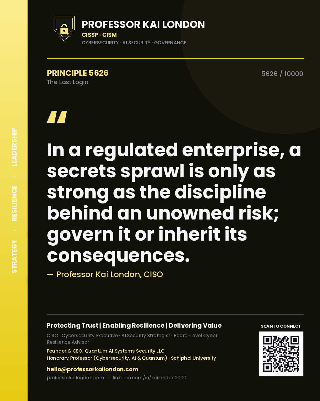 Professor Kai London principle 5626: In a regulated enterprise, a secrets sprawl is only as strong as the discipline behind an unowned risk; govern it or inherit its consequences.