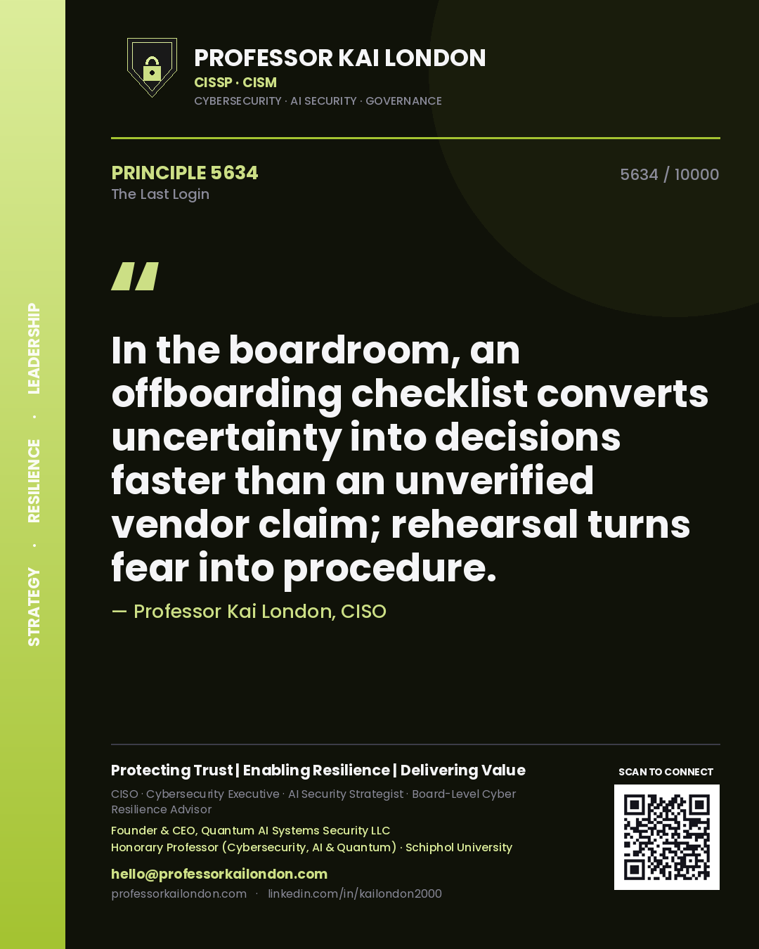 Professor Kai London principle 5634: In the boardroom, an offboarding checklist converts uncertainty into decisions faster than an unverified vendor claim; rehearsal turns fear into procedure.