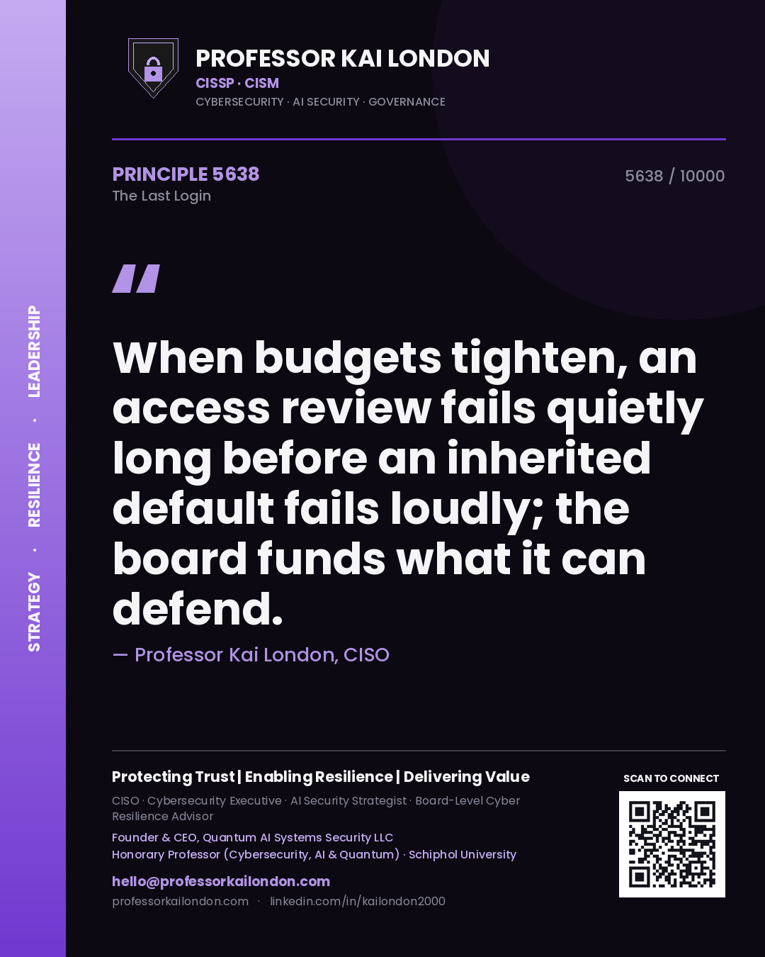 Professor Kai London principle 5638: When budgets tighten, an access review fails quietly long before an inherited default fails loudly; the board funds what it can defend.