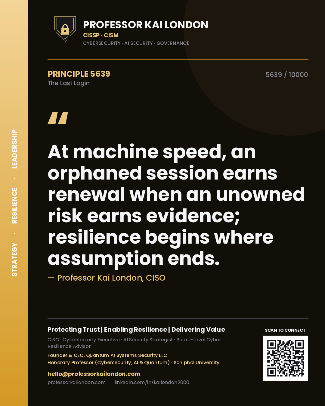Quote card by Professor Kai London reading 'At machine speed, an orphaned session earns renewal when an unowned risk earns evidence; resilience begins where assumption ends.'. From the book The Last Login.