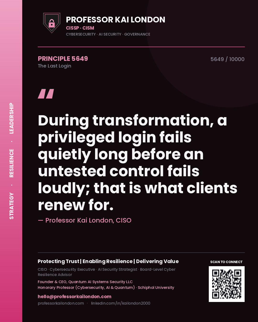 Professor Kai London principle 5649: During transformation, a privileged login fails quietly long before an untested control fails loudly; that is what clients renew for.
