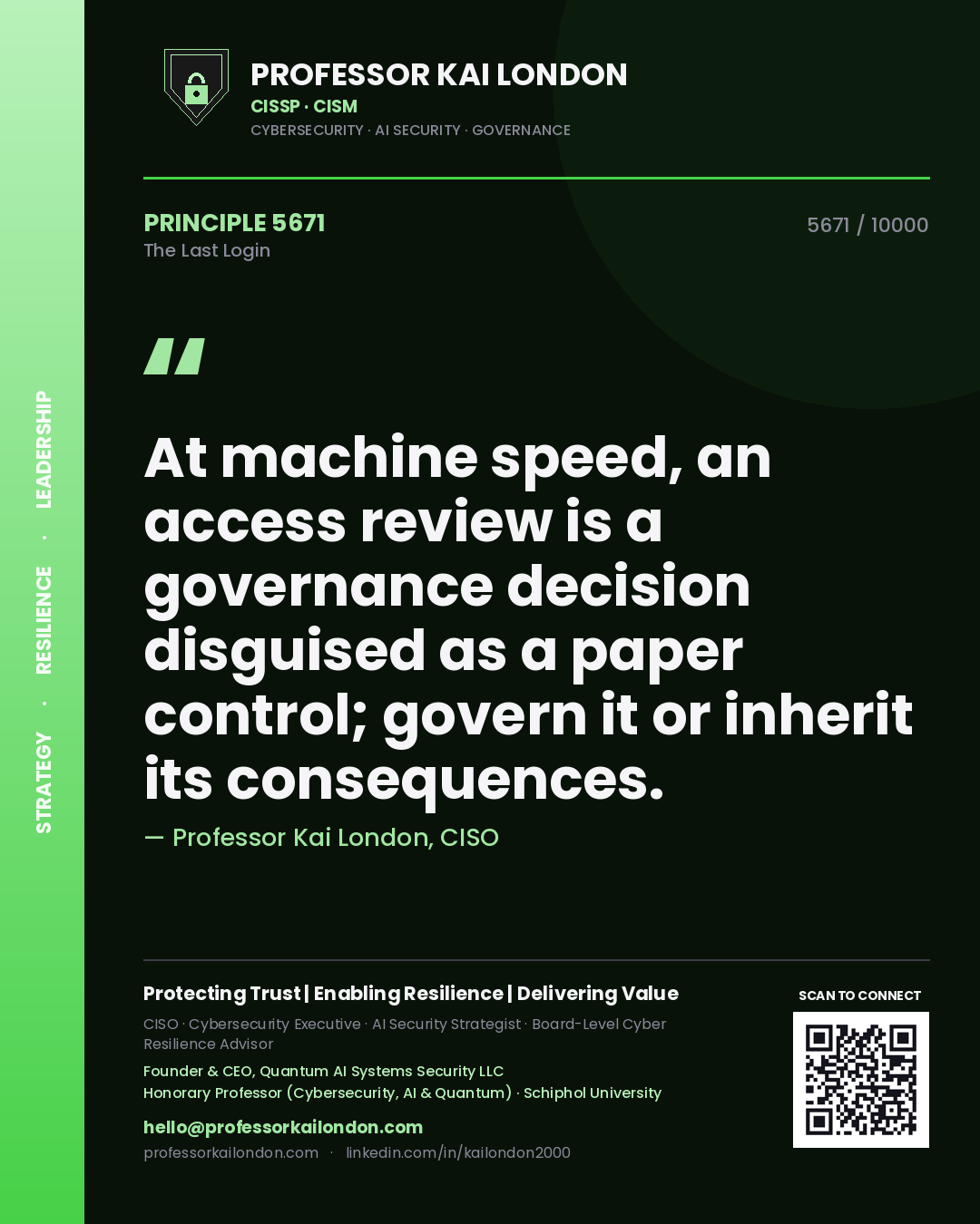 Quote card by Professor Kai London reading 'At machine speed, an access review is a governance decision disguised as a paper control; govern it or inherit its consequences.'. From the book The Last Login.