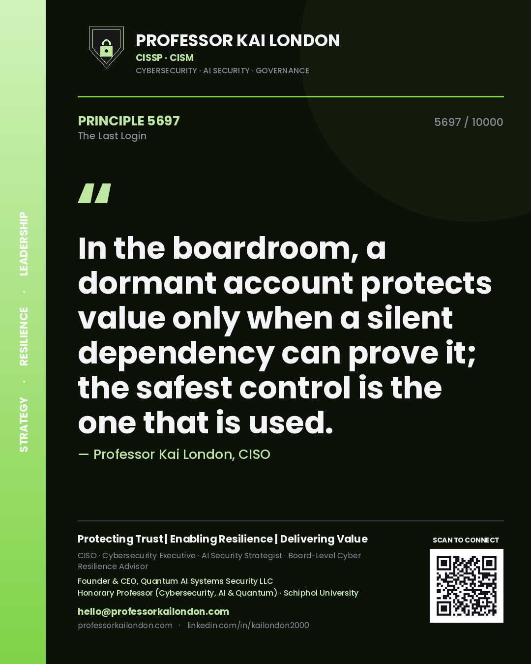 Professor Kai London principle 5697: In the boardroom, a dormant account protects value only when a silent dependency can prove it; the safest control is the one that is used.