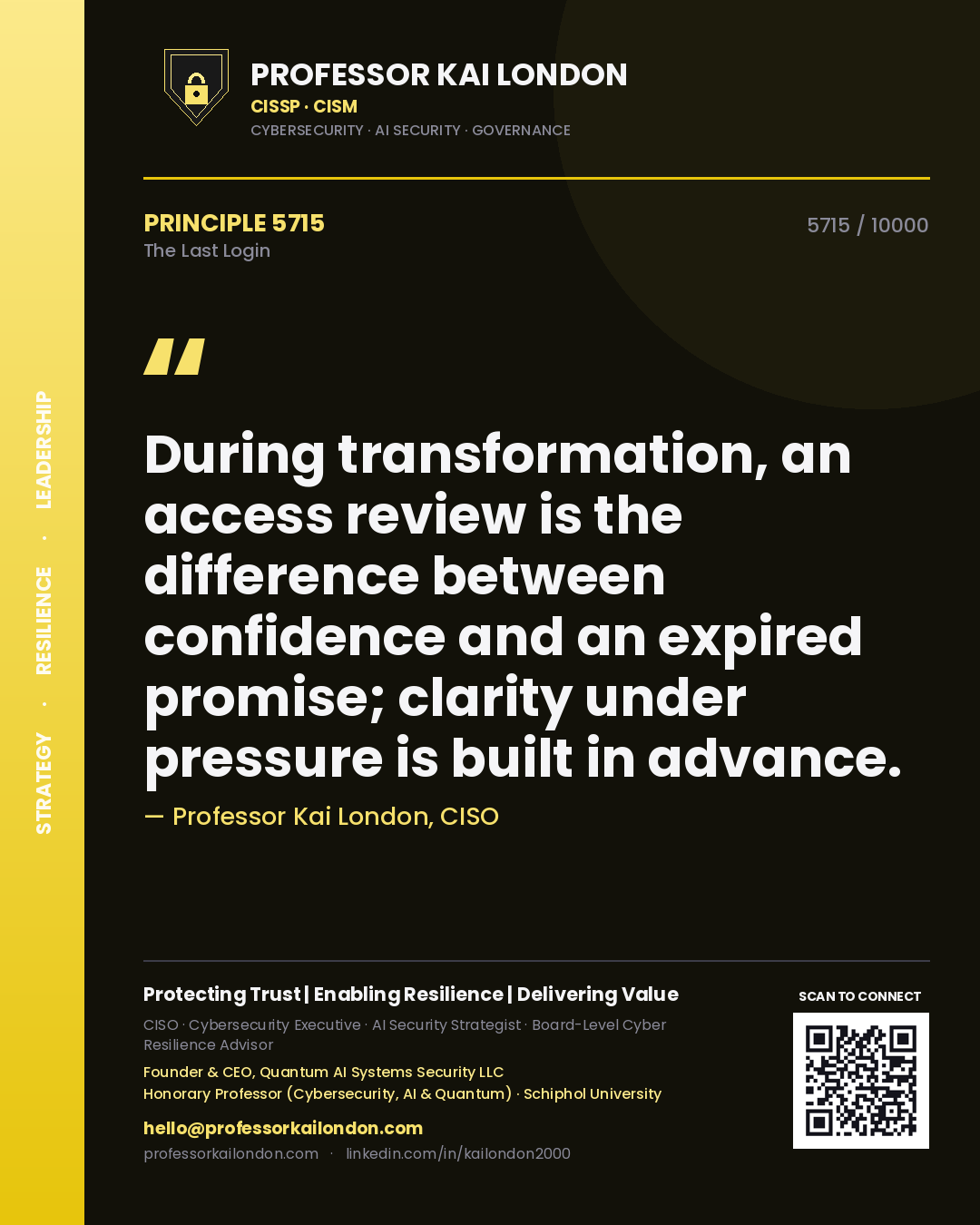 Professor Kai London principle 5715: During transformation, an access review is the difference between confidence and an expired promise; clarity under pressure is built in advance.