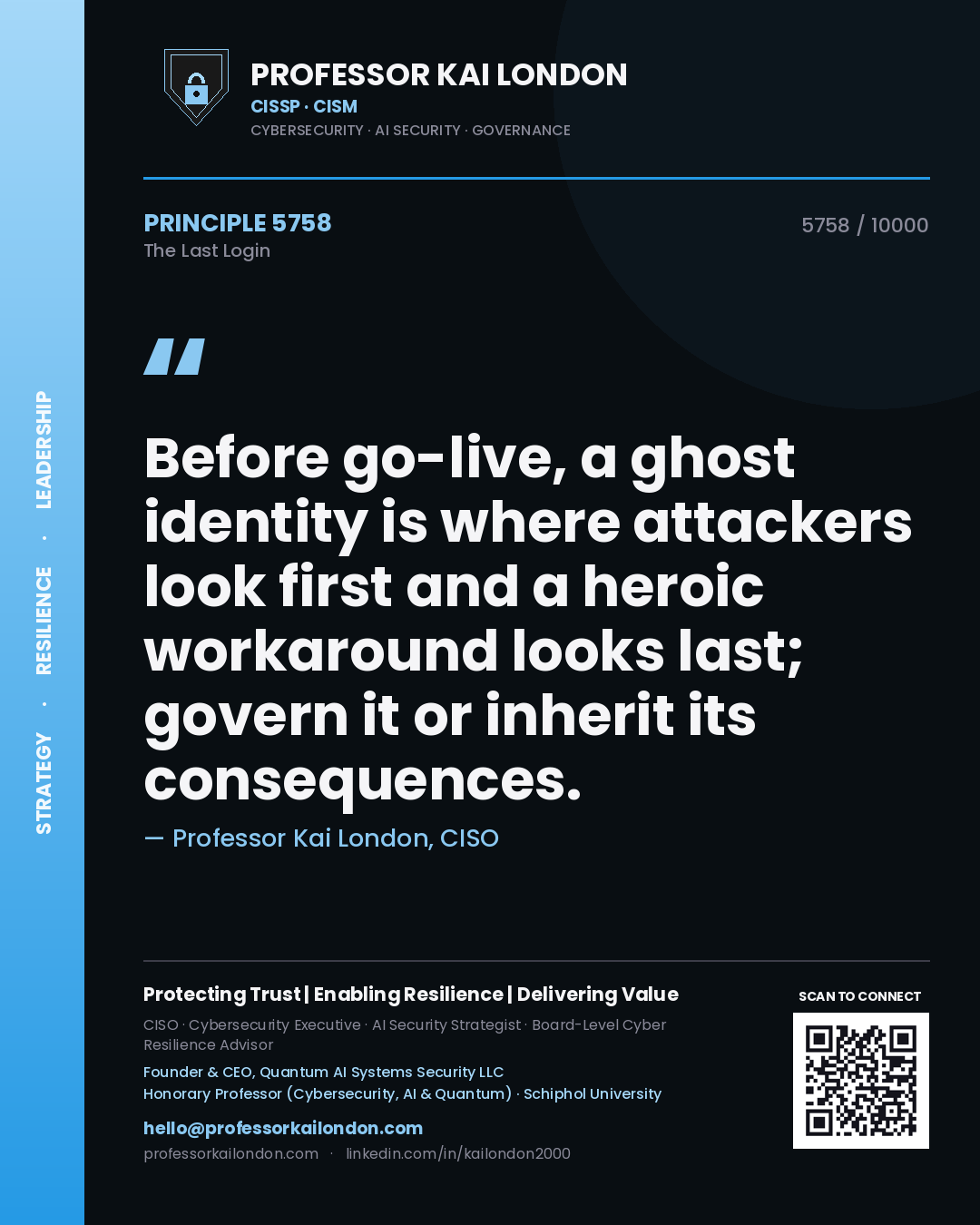Professor Kai London principle 5758: Before go-live, a ghost identity is where attackers look first and a heroic workaround looks last; govern it or inherit its consequences.