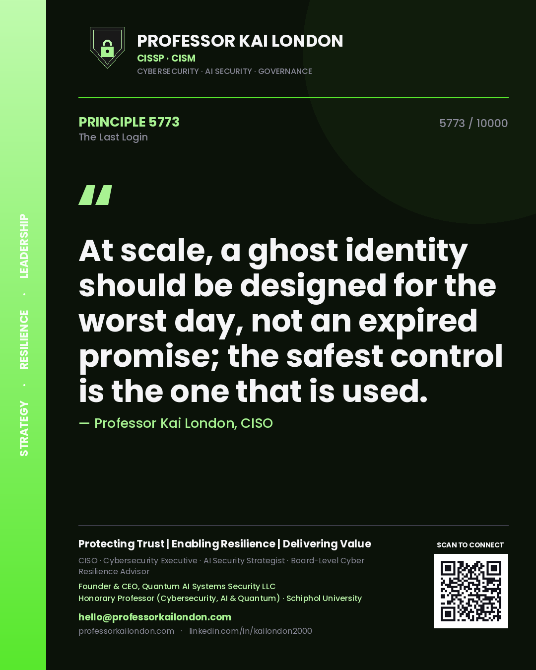 Professor Kai London principle 5773: At scale, a ghost identity should be designed for the worst day, not an expired promise; the safest control is the one that is used.