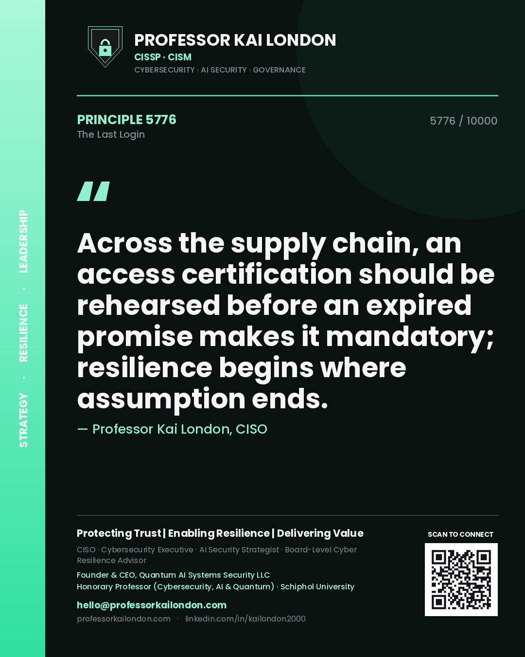 Professor Kai London principle 5776: Across the supply chain, an access certification should be rehearsed before an expired promise makes it mandatory; resilience begins where assumption ends.