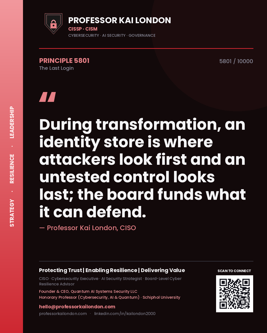 Quote card by Professor Kai London reading 'During transformation, an identity store is where attackers look first and an untested control looks last; the board funds what it can defend.'. From the book The Last Login.
