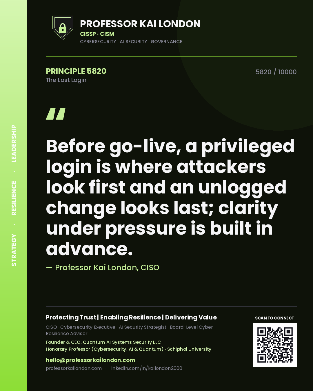 Professor Kai London principle 5820: Before go-live, a privileged login is where attackers look first and an unlogged change looks last; clarity under pressure is built in advance.