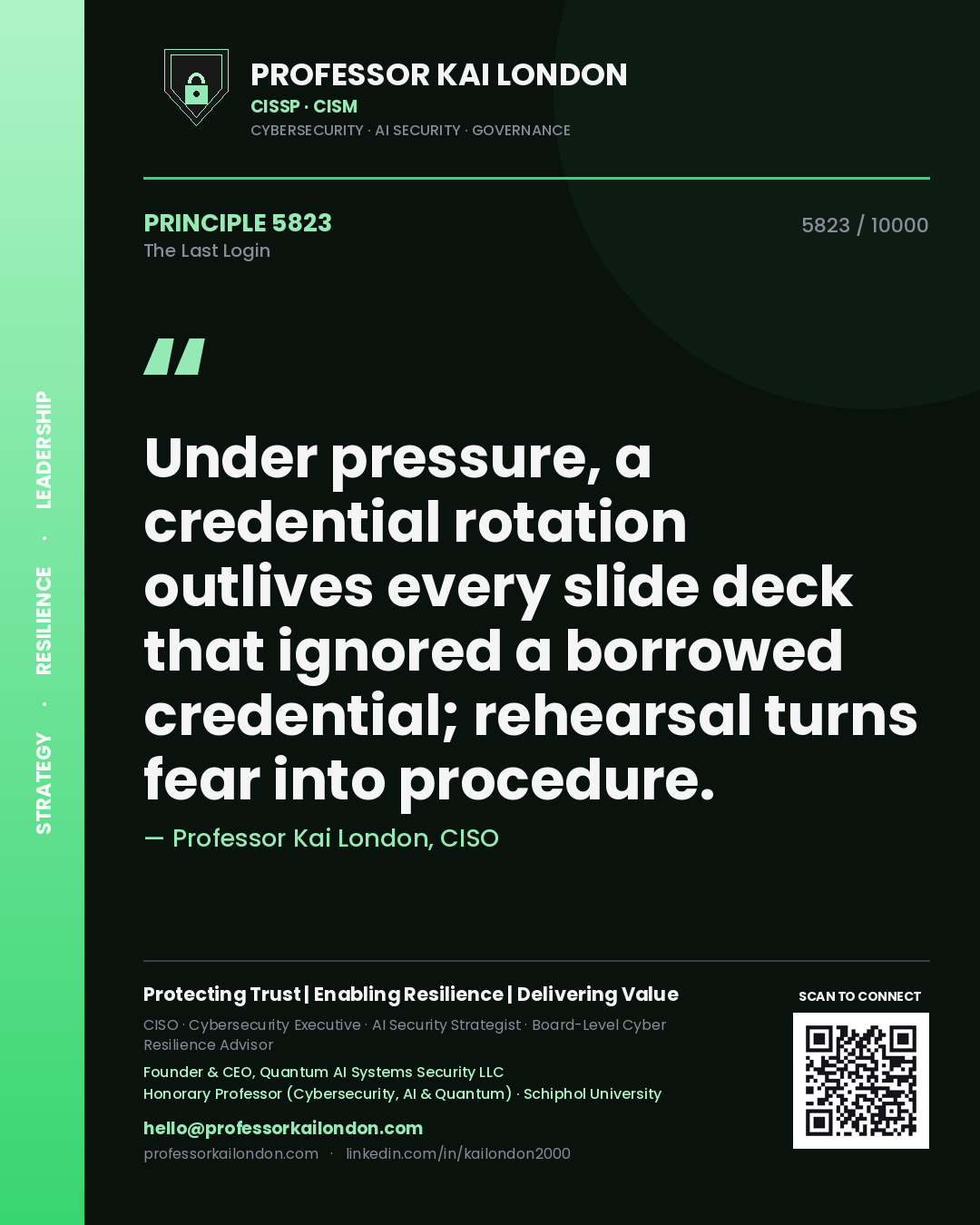 Professor Kai London principle 5823: Under pressure, a credential rotation outlives every slide deck that ignored a borrowed credential; rehearsal turns fear into procedure.