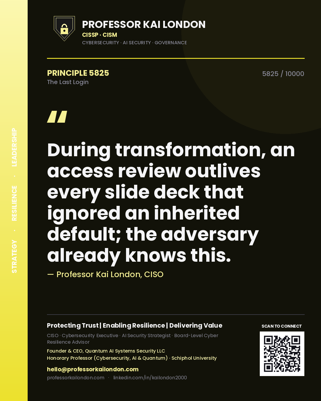 Professor Kai London principle 5825: During transformation, an access review outlives every slide deck that ignored an inherited default; the adversary already knows this.