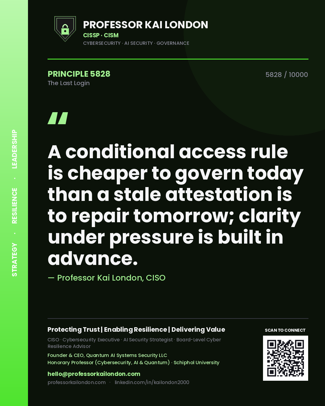 Professor Kai London principle 5828: A conditional access rule is cheaper to govern today than a stale attestation is to repair tomorrow; clarity under pressure is built in advance.