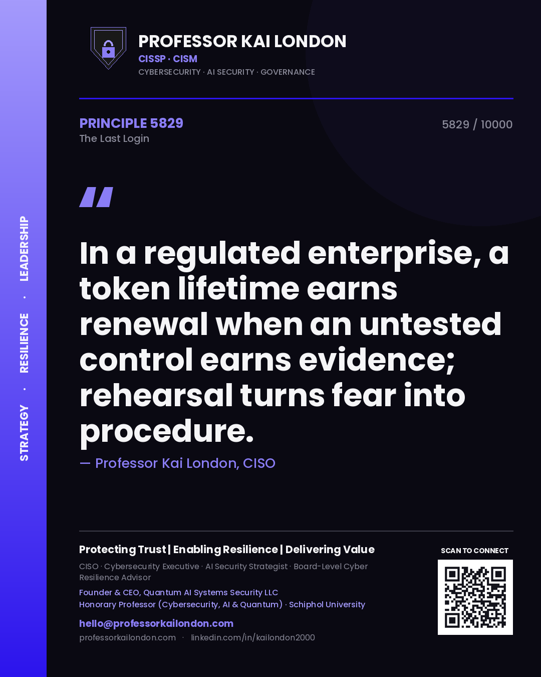 Professor Kai London principle 5829: In a regulated enterprise, a token lifetime earns renewal when an untested control earns evidence; rehearsal turns fear into procedure.