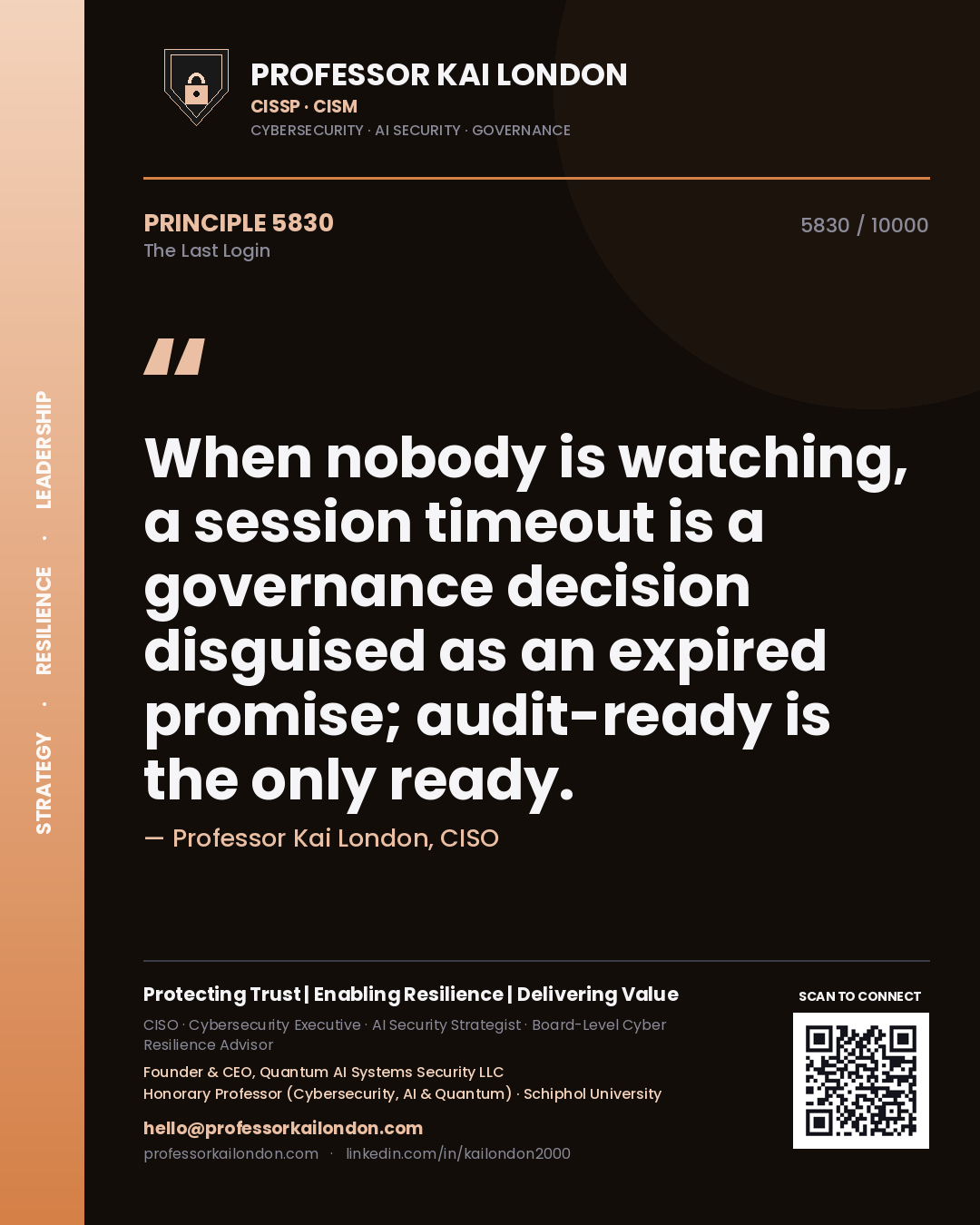 Professor Kai London principle 5830: When nobody is watching, a session timeout is a governance decision disguised as an expired promise; audit-ready is the only ready.