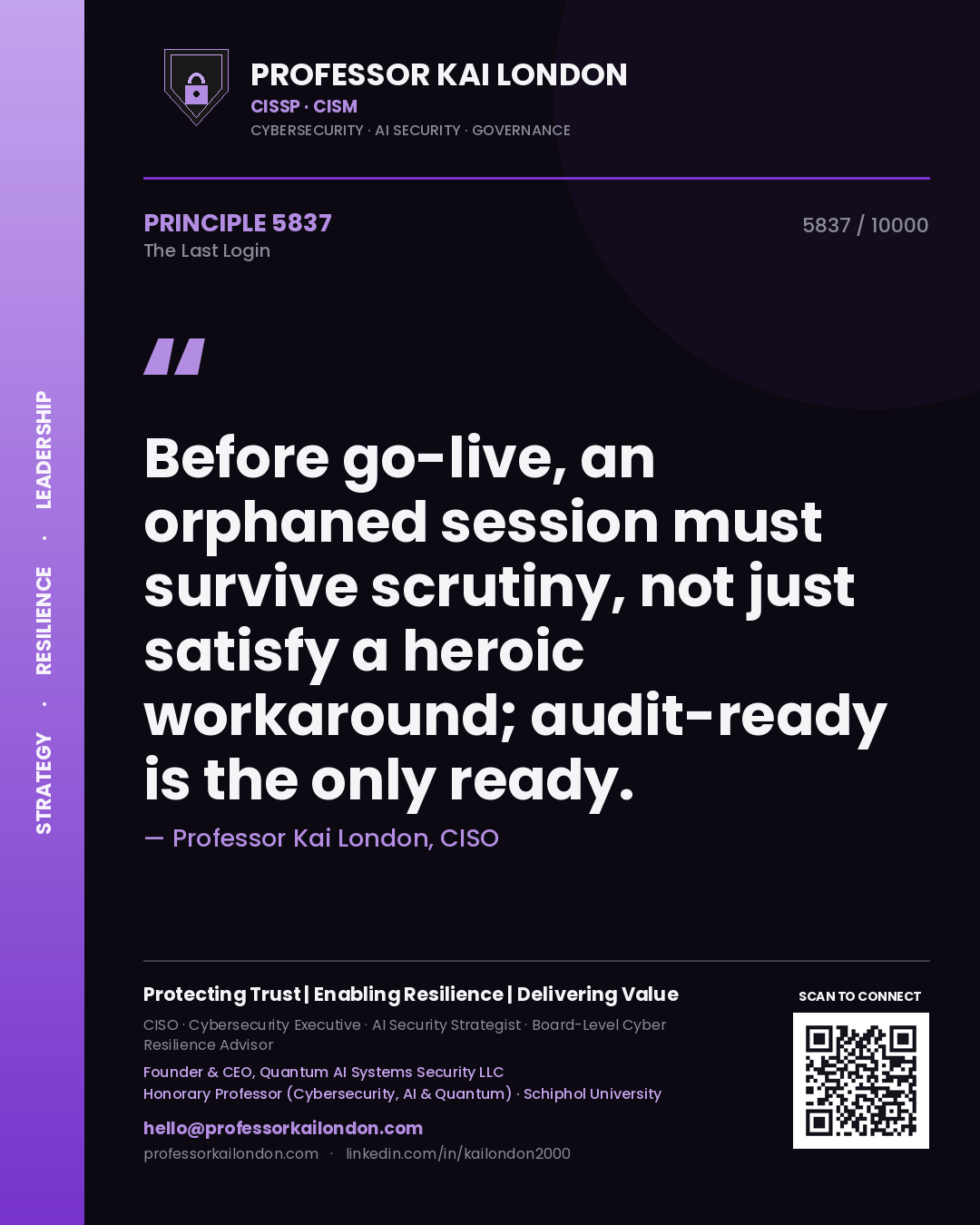 Professor Kai London principle 5837: Before go-live, an orphaned session must survive scrutiny, not just satisfy a heroic workaround; audit-ready is the only ready.
