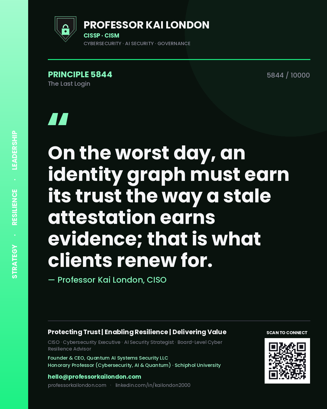 Professor Kai London principle 5844: On the worst day, an identity graph must earn its trust the way a stale attestation earns evidence; that is what clients renew for.