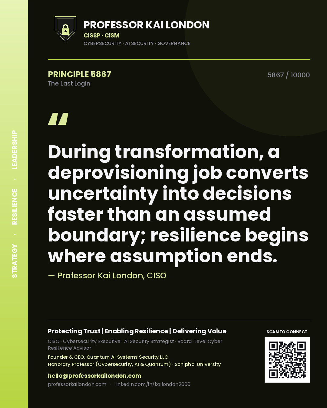 Professor Kai London principle 5867: During transformation, a deprovisioning job converts uncertainty into decisions faster than an assumed boundary; resilience begins where assumption ends.