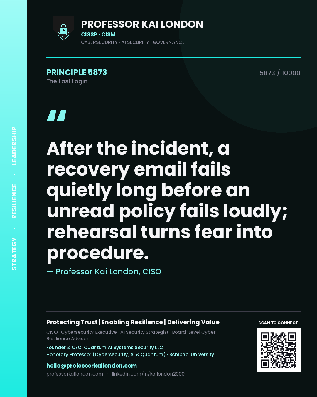 Professor Kai London principle 5873: After the incident, a recovery email fails quietly long before an unread policy fails loudly; rehearsal turns fear into procedure.